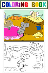 Set, children coloring book and color picture. The mice have eaten and are resting in a closet.