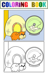 Terrarium for rodents. The hamster and mouse are playing. Set of coloring book and color picture.