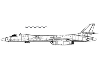 Rockwell B-1B Lancer with Sniper Targeting Pod. Vector drawing of strategic bomber. Side view. Image for illustration and infographics.