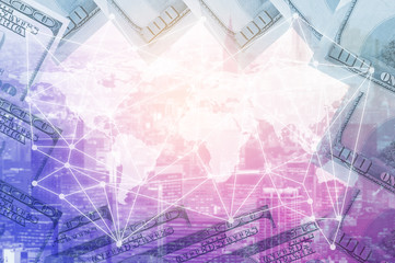 Double exposure digital networking technology on Money and financial city background. Concept of future business trend.  element of this images furnished by NASA.