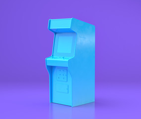 stand up 2 players arcade game cabinet, vintage retro arcade game machine, cabinet in flat purple room, gaming, retro gaming, old fashion, 3d rendering
