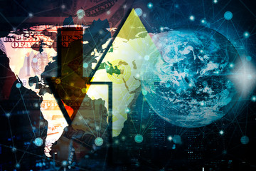 Double exposure digital networking technology on Money and financial city background. Concept of future business trend.  element of this images furnished by NASA.