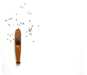 Top view buckwheats on sackcloth with wooden spoons on white background. Buckwheats in a spoon and spread around, gluten free ancient grain for healthy diet. Buckwheat grains. Grain culture.