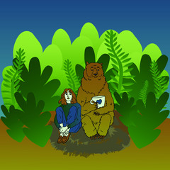 brown bear with a cup of tea and a girl in the forest