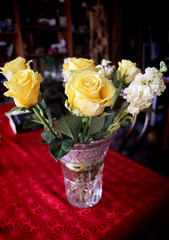 Bouquet of yellow  roses , interior still life, soft focus with blurred background
