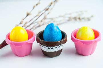 colorful Easter eggs in colored cupcake molds on a white background and a willow branch at the back. Symmetrical image