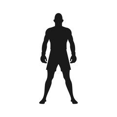 Standing male muscular MMA fighter black and white silhouette. Martial Arts concept. Professional kickboxing or wrestling match concept. Man ready for match - Vector icon sign or symbol illustration
