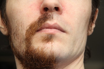 Obraz premium The lower part of the face of a white man. Half of the face is shaved, the other half with a beard and mustache.