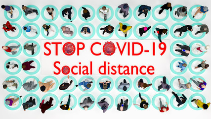 Social distance prevention infection from coronavirus concept : Top view of 1-2 meter between person to stop spreading of respiratory virus concept. 3d rendering