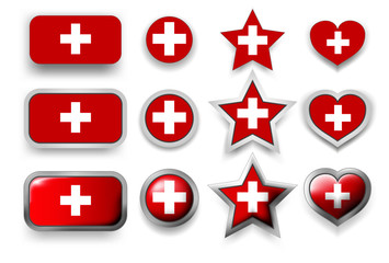 Obraz premium Set of vector labels of Switzerland flag button, round button, star and heart sign of love in flag colors red, white for poster or flyer