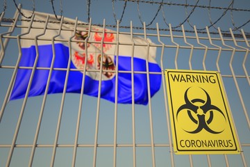 Coronavirus warning sign on the barbed wire fence near flag of Trentino-Alto Adige, a region of Italy. COVID-19 quarantine related 3D rendering