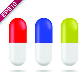 Three pills Red Blue and Yellow on white isolated background