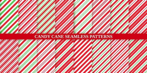 Candy cane stripe pattern. Seamless Christmas background. Vector. Red green peppermint wrapping texture. Xmas holiday diagonal lines. Set cute caramel package prints. Geometric illustration.