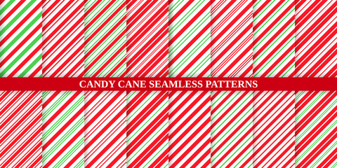Obraz premium Candy cane stripe pattern. Seamless Christmas background. Vector. Red green peppermint wrapping texture. Xmas holiday diagonal lines. Set cute caramel package prints. Geometric illustration.