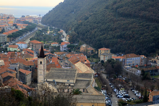 Finalborgo (SV), Italy - December 12, 2017: View of Finalborgo from Finalborgo castle, Finale Ligure, Liguria, Italy