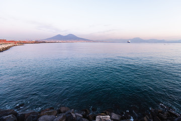 View of Mount Vesuvius and the gulf of Naples at sunset, Italy