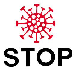 Stylized image of a coronvirus molecule with the inscription - Stop. Coronvirus infection protection symbol. Vector art graphic.