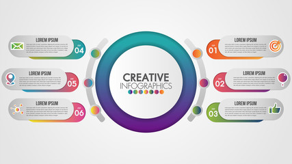 Infographics timeline business vector presentation concept with 6 steps and industry gear style template. Part of the report with logo and icons set of a circle infochart, diagram or presentation.