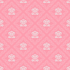 Damask seamless pattern, pink background, texture wallpaper, vector graphic
