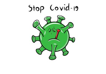Cartoon flat icon green epidemic from virus covid 19 is spreading with white background and message stop covid-19.