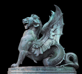 Dragon in front of Fontaine Saint-Michel (Paris), isolated on black