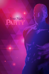 Male body in pink spot light with space for night party BG