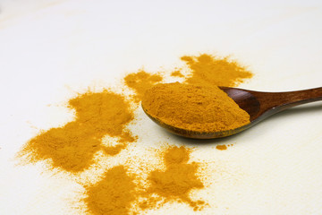 Turmeric powder in a wooden spoon isolated on a white background is an ingredient in turmeric foods and ingredients in skin care products. Turmeric helps the skin to be strong.