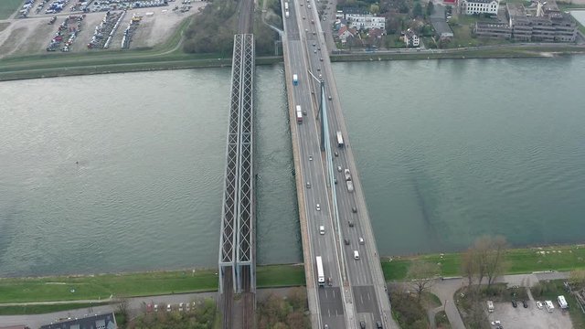 4k 24fps rec709graded Rheinbruecke Verkehr Umkreisen Karlsruhe Baden-Wuerttemberg Germany 20-03-2020