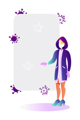 Woman scientist study molecule virus.Doctor, scientist, virologist with place for text.  Novel coronavirus (2019-nCoV) invented cure new coronavirus concept. Bacterium or virus research. Vector 