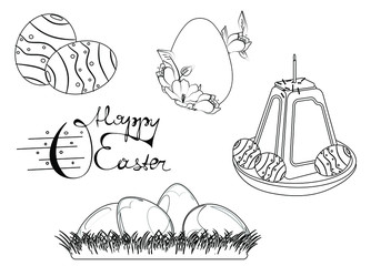 Сoloring pages in black and white with Easter pictures for children . Happy Easter lettering, Easter eggs and Easter cake