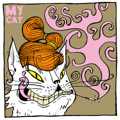 Portrait of a Tiffany cat with a mouthpiece, red hair and pink smoke. Calligraphy. Color vector illustration. Can be used in social networks, for articles, publications, postcards, prints, posters.