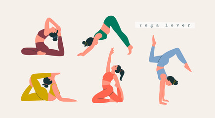 Set of women wearing sportswear doing Yoga. Girls in colorful clothes working out. Hand drawn colored Vector illustration. Weight Loss. Health care and lifestyle concept. Calmness and relax