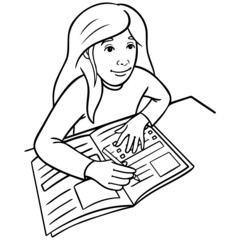 schoolgirl sits at the table and learns. exercise book, learning, coloring book, cartoon, illustration, monochrome.