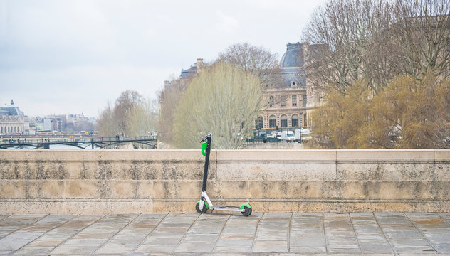 One Electric Push Scooter On Empty Street In Paris