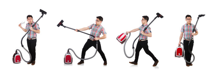 Funny man with vacuum cleaner on white