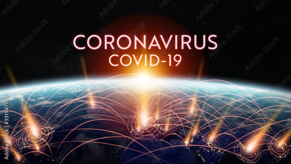 Poster coronavirus covid-19 pandemic spreading in the world between countries and infecting population 3d r