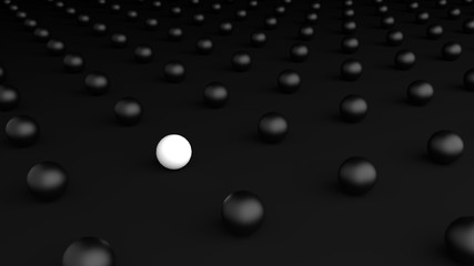 The Glowing white Sphere ball is surrounded by many black Sphere ball. Striking white Sphere ball. Glowing white Sphere ball Isolated on Simple black background,Minimalist Black, 3D rendering.