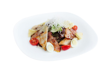 Cesar salad with tomatoes, lettuce, eggs and roasted meat isolated on white background