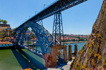 Dom Luis I Bridge (Ponte Luis I) and Duoro river, Porto city, Portugal. View through the window