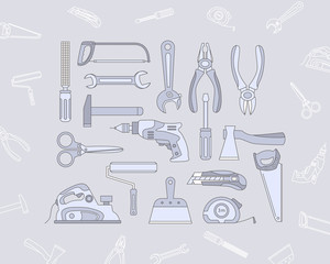 Work tool Icons set - Vector color symbols and outline of hammer, wrench, screwdriver, pliers, spanner, drill, axe and knife for the site or interface