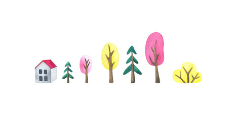 Tree, house, mountain, spruce. Set of watercolor illustrations isolated on a white background. The objects of the natural landscape for  design. Cute, childish, cartoon style. Yellow, pink, green.