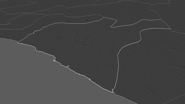 Grand Bassa, county with its capital, zoomed and extruded on the bilevel map of Liberia in the conformal Stereographic projection. Animation 3D