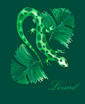 Watercolor on a dark green background. Mystical reptile and palm leaves. Great poster in an eco-friendly interior