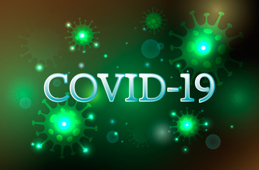 The inscription Covid-19 on the background of green bacteria of the Chinese flu of the coronavirus.
