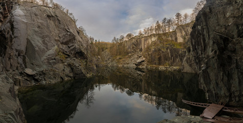 clouds reflecting in water surrounded by steep cliffs and trees