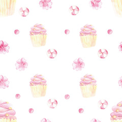 romantic white background for valentines day with cupcakes, small sweets and delicate pink flowers