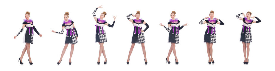A girl in harlequin costume isolated on white