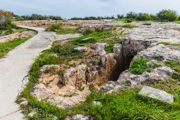The Tombs of Makronissos are situated west of Agia Napa and consist of 19 rock-cut tombs, a small sanctuary and an ancient quarry, Cyprus. 