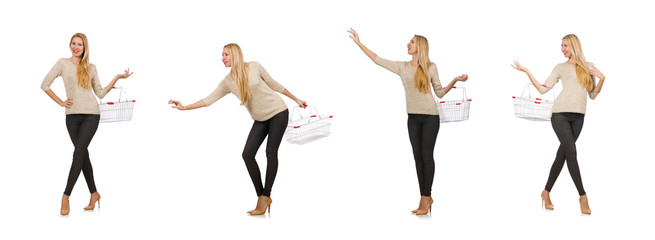 Woman doing shopping in supermarket isolated on white