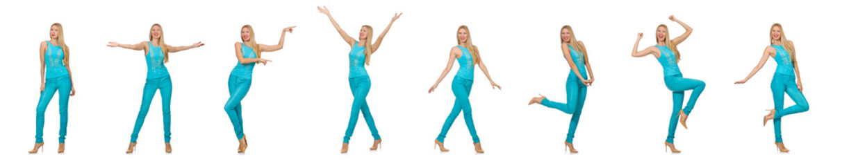 Pretty blond woman in blue pants and shirt isolated on white